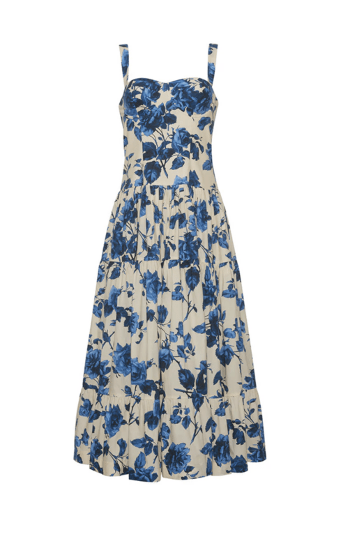 blue and white floral dress with thin straps